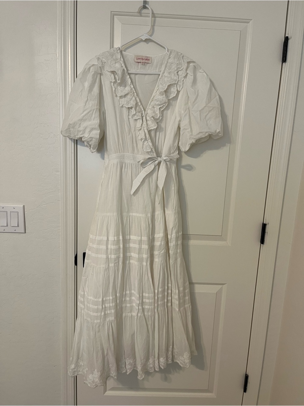 Love the Label White Ruffle Wrap Maxi Dress with Puff Sleeves